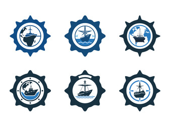 Nautical themed seal icon set featuring boats, ships, earth and compasses © SanjidaAfroz