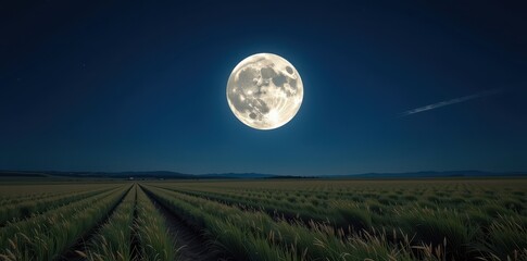 Fototapeta premium Luminous full moon hangs in the inky night sky above a vast, moonlit grassy field, wilderness, vastness