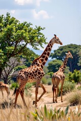 Obraz premium Majestic giraffes gracefully roam the sun-drenched African savannah, their long necks reaching for acacia leaves, wildlife, outdoors