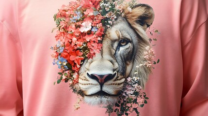 A striking lions head adorned with vibrant flowers, creating a captivating contrast of strength and beauty on a pink sweatshirt