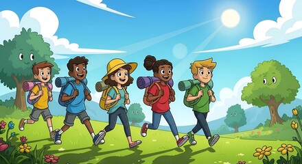 A group of cartoon children are hiking together in a sunny landscape with backpacks and sleeping bags