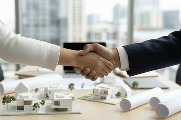Two business individuals shaking hands across a table with architectural models and blueprints, symbolizing a successful partnership in real estate development