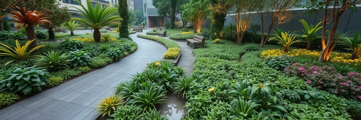 A winding stone path meanders through a lush garden with diverse plants and manicured greenery creating a serene and inviting outdoor space for relaxation.