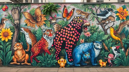 Naklejka premium An imaginative mural of colorful animals, lush foliage, and vibrant flowers adorns a weathered concrete wall, bing a whical touch to the urban landscape.