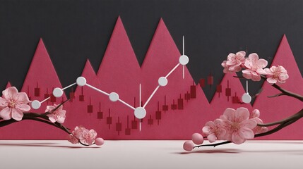 Surreal cityscape where skyscrapers transition into blooming fields and forest; blending finance charts with spring blossoms, bright fresh palette, painterly style