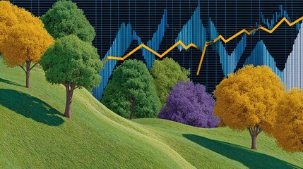 Surreal cityscape where skyscrapers transition into blooming fields and forest; blending finance charts with spring blossoms, bright fresh palette, painterly style