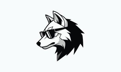 Stylized Wolf Head with Sunglasses – Black and White Profile Illustration Featuring Angular Fur and Cool Expression for Mascot, Fashion, or Pop Culture Branding