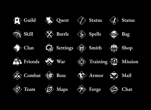 Fantasy RPG game icons pack, elegant black and white UI symbols for guild, quest, battle, magic, and settings interface design elements.
