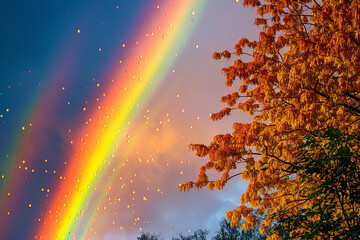 breathtaking rainbow in sky is a result of perfect combination of meteorological and atmospheric conditions, showcasing beauty of raindrops, sunlight, and optical phenomena in this mesmerizing natural