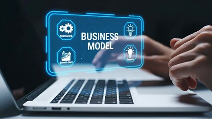 A businessman or entrepreneur developing a digital business model on a laptop, using a futuristic virtual interface with icons for teamwork, growth, innovation, and finance. - Powered by Adobe