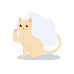 adorable beige cat waving paw in flat minimalist style to express good luck and friendliness inspired by maneki neko symbolism perfect for design or print