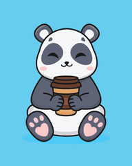 Cute cartoon panda with a cup of coffee. Isolated background. Vector illustration.