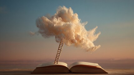 Cinematic shot of a wooden ladder rising from an open ledger book into clouds made of numbers and graphs; warm sunset lighting, whimsical composition, symbol of financial ascent