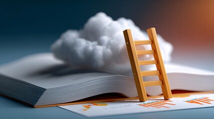 Cinematic shot of a wooden ladder rising from an open ledger book into clouds made of numbers and graphs; warm sunset lighting, whimsical composition, symbol of financial ascent