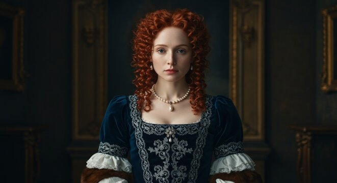 17th century noblewoman, Elegant red haired woman in vintage royal dress