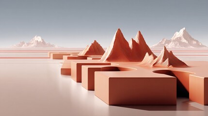 Conceptual landscape of giant puzzle pieces on the ground, each piece etched with a financial chart; pieces fit together to form a mountain range, dawn light, creative vector-art style