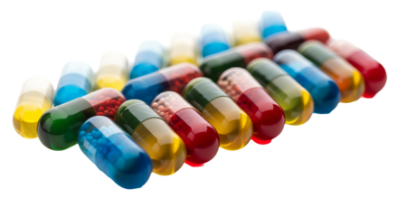 Several colorful capsules are arranged in a row with visible small beads inside against a isolated background.