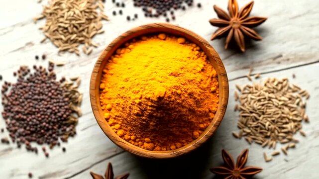 Vibrant turmeric powder surrounded by various spices on rustic wood