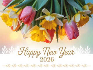 A vibrant bouquet of tulips and daffodils in full bloom celebrating the arrival of the happy new year 2026