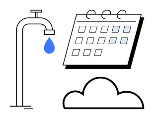 Faucet with droplet, calendar, and cloud outline representing water saving, scheduling, and digital cloud storage. Ideal for sustainability, time management, digital solutions, eco-awareness