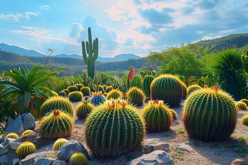 breathtaking view of a desert oasis, showcasing a diverse array of cacti, beautifully exemplifies perfect balance and coexistence between these distinct plants and their dry environment   