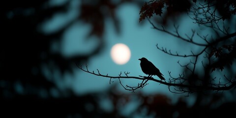 A crow perched on a branch is silhouetted against a glowing moon and dark blue sky, creating a serene scene.