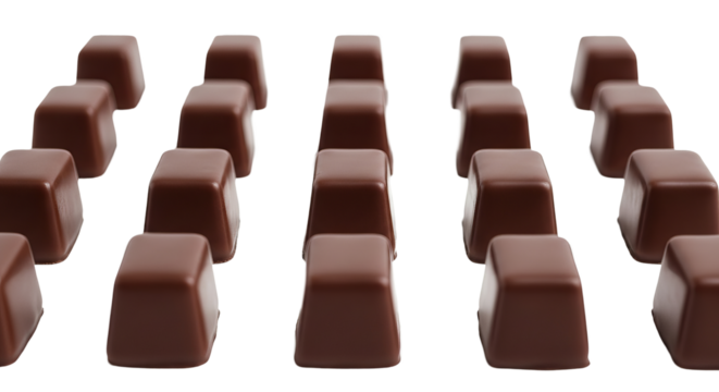 Several chocolate candies are arranged in an orderly fashion, showing their trapezoid shapes.