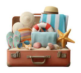 Beach vacation essentials in a suitcase summer lifestyle isolated on transparent background