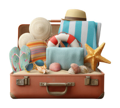 Beach vacation essentials in a suitcase summer lifestyle isolated on transparent background