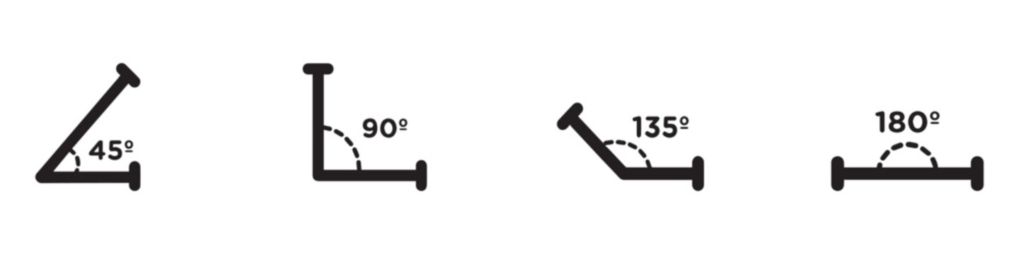Angles degrees template set. Various angles 45, 90, 135, 180 degree icon set. Math, trigonometry and geometry symbols. Education material illustration. EPS 10