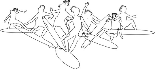 Surfer surfboard boarding female surfers surfing silhouette outlines. Women surf group design concept.