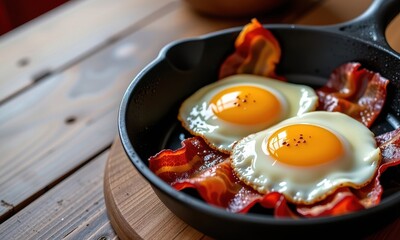Crispy bacon and sunny-side up eggs sizzle in a cast iron skillet, creating a perfect breakfast scene, brunch, eggs, cast iron