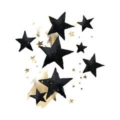 Obraz premium Scattered black and gold watercolor stars on a white background watercolor illutrastion transparent background