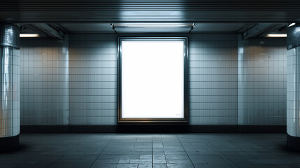 Realistic underground metro wall with illuminated blank billboard, tiled columns and moody lighting, ideal for poster or ad mockup presentation