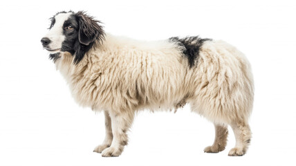 A fluffy white dog with black markings standing sideways