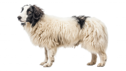 A fluffy white dog with black markings standing sideways