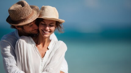 A joyful couple in sun hats embracing at the beach, enjoying a sunny day together by the ocean.
