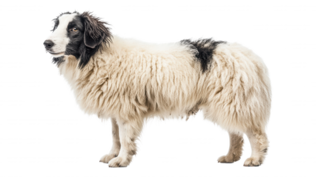 A fluffy white dog with black markings standing sideways