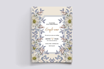WEDDING INVITATION FRAME WITH FLOWER DECORATIONS AND FRESH LEAVES