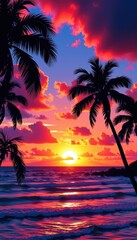 Silhouetted palm trees against a vibrant tropical sunset over the ocean, beach, twilight, vibrant sunset