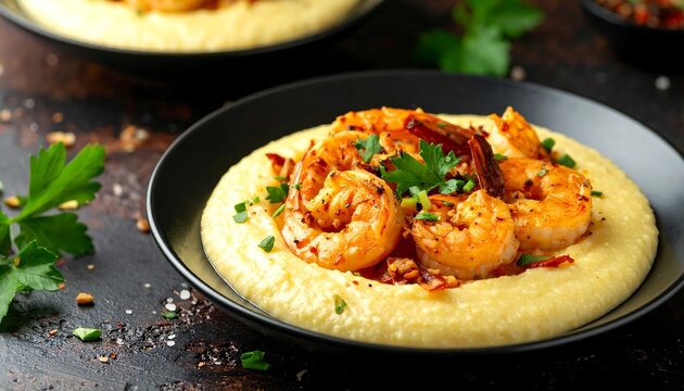 Close-up of shrimp and grits dish, presented on dark plate