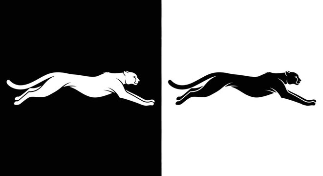 Monochrome vector illustration of a graceful running panther silhouette.