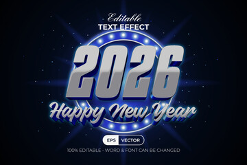 Editable Text Effect 2026 New Year Silver Blue Light 3D Style.
