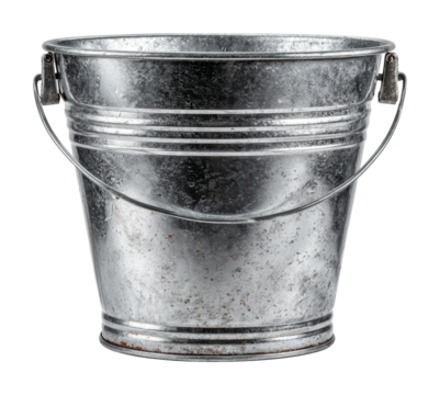 Creative gardening tools home of a metal bucket workshop isolated on transparent background