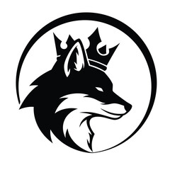 A stylized black and white illustration of a fox wearing a crown, within a circular frame.