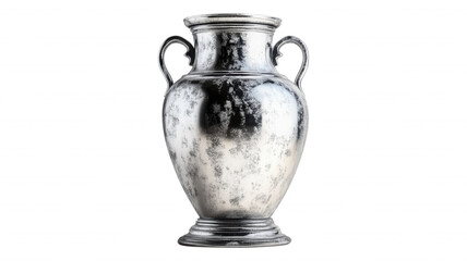 A shiny silver vase with handles on a black background