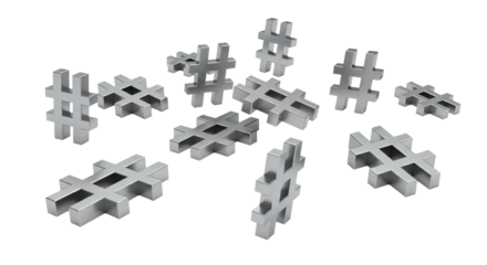 Silver hashtag symbols are scattered on a isolated background, displaying their metallic texture and simple geometric shape.