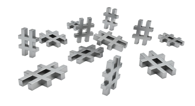 Silver hashtag symbols are scattered on a isolated background, displaying their metallic texture and simple geometric shape.
