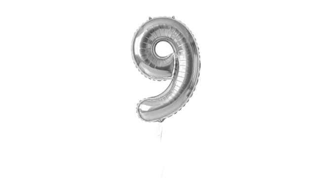 Silver number nine balloon floats against a isolated background with visible attached curling ribbon.