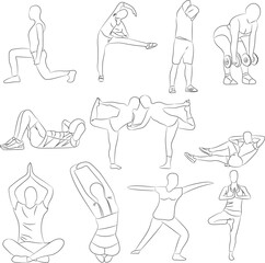 Exercises for health, a set of poses of people doing physical education, training and yoga to maintain their health and physical fitness